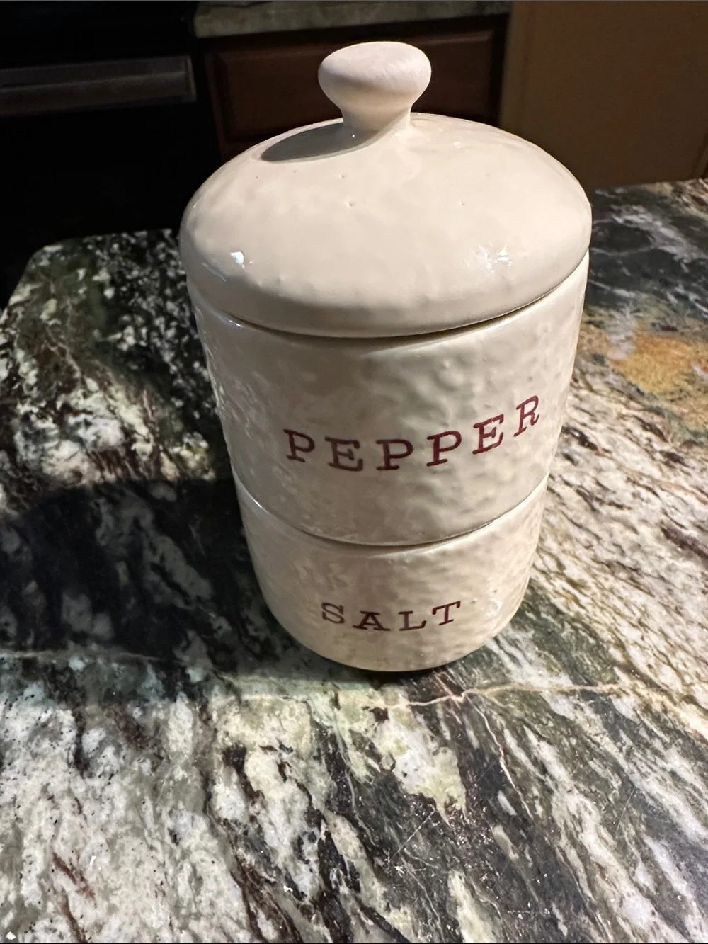 Stackable Ceramic Salt & Pepper Canister Set - Cream with Red Lettering